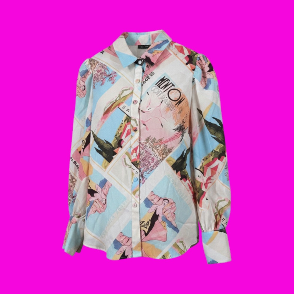 Menton Cote D'Azur Postcard Print Blouse Womens L Multicolor Good Button Up